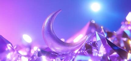 A crescent moon rests on reflective surfaces with colorful lighting. photo