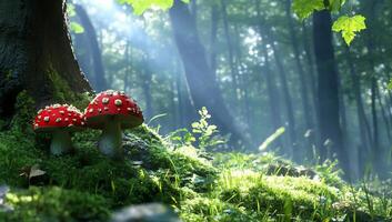 A serene forest scene with red mushrooms amidst lush greenery. photo