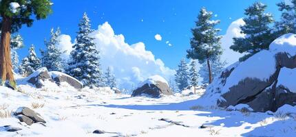 A serene winter landscape with snow-covered trees and rocks. photo