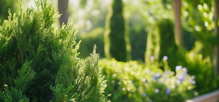 Lush greenery in a serene garden setting with soft sunlight. photo