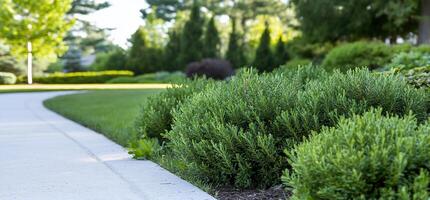 A well-maintained landscape with lush greenery and a curved pathway. photo