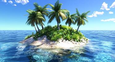 A serene tropical island with palm trees surrounded by clear blue water. photo