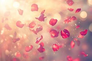 Floating rose petals illuminated by soft light create a romantic ambiance. photo