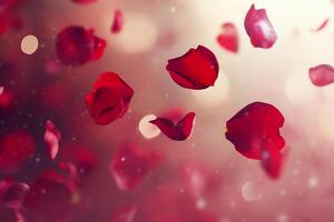 A dreamy scene of floating red rose petals against a soft background. photo