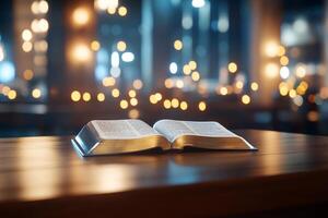 An open book resting on a wooden table with a blurred background. photo