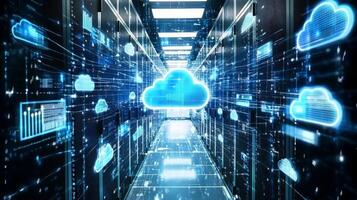Digital representation of cloud computing in a data center. photo