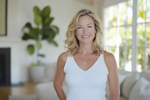 A smiling woman in a bright living room with greenery. photo