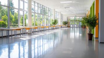 Bright, spacious corridor with large windows and greenery. photo