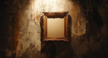 An ornate empty frame illuminated against a textured wall backdrop. photo