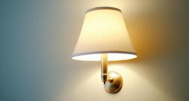 A wall-mounted lamp casting a warm glow on a light-colored wall. photo