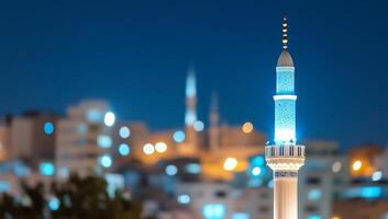 A illuminated mosque minaret at night with a blurred city backdrop. photo