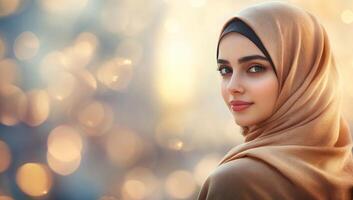 A woman in a hijab gazes softly, surrounded by a dreamy bokeh background. photo