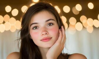 A woman with her hand on her face and a bokeh background photo