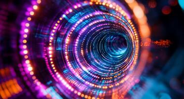 A vibrant digital tunnel of light and color, suggesting technology and depth. photo