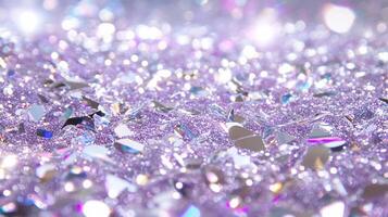 A sparkling surface of purple glitter and reflective shards. photo