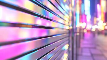 A vibrant, abstract view of illuminated vertical lines at night. photo