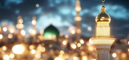 A blurred view of a mosque with a golden minaret and green dome. photo