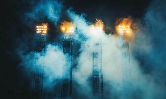 Stadium lights shine through fog, creating a dramatic nighttime atmosphere. photo