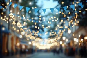 A festive street adorned with lights and bunting, creating a cheerful atmosphere. photo
