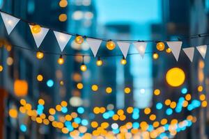 Colorful string lights and bunting create a festive atmosphere in an alley. photo