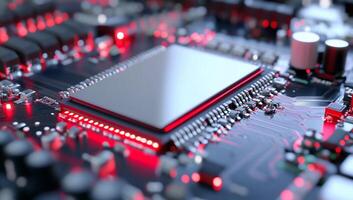 Close-up of a circuit board with a microchip and glowing components. photo
