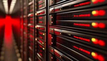 A close-up view of server racks with red lighting in a data center. photo