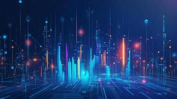 Abstract digital landscape with vibrant data visualizations and lines. photo