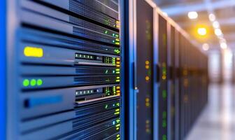 A close-up view of server racks in a data center. photo