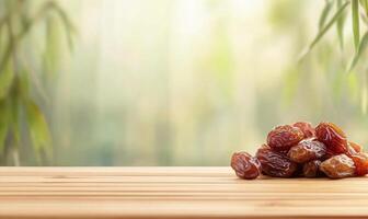 A pile of dates on a wooden surface with a blurred background. photo