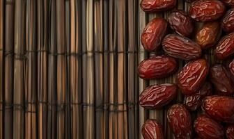 A close-up of dates on a bamboo mat, highlighting their rich texture. photo