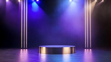 A spotlighted stage with colorful lighting and a circular platform. photo