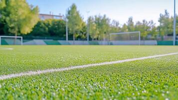 A close-up view of a well-maintained artificial soccer field. photo