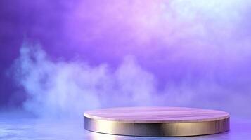 A circular platform surrounded by colorful mist for presentations or displays. photo