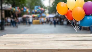 A wooden table in the foreground with colorful balloons in the background. photo
