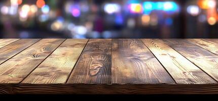 A wooden tabletop with a blurred, colorful background. photo