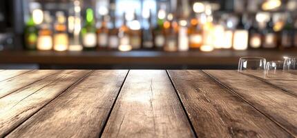 A wooden bar surface in front of a blurred background of bottles. photo