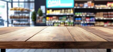 A wooden table in a store with shelves of products in the background. photo