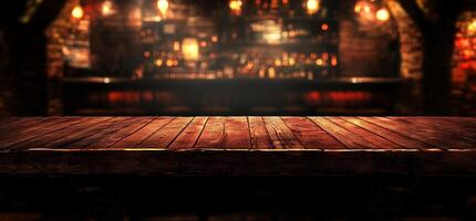 A rustic wooden table in a dimly lit bar setting. photo
