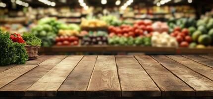 A wooden table in front of a vibrant grocery produce display. photo