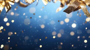 A festive background featuring golden decorations and glowing bokeh lights. photo