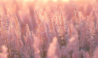 A serene field of soft pink flowers illuminated by warm sunlight. photo