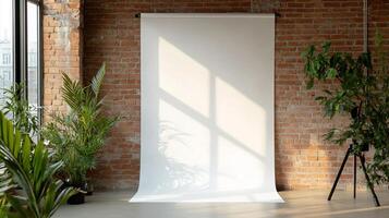 A minimalistic studio setup with a backdrop and plants for photography. photo
