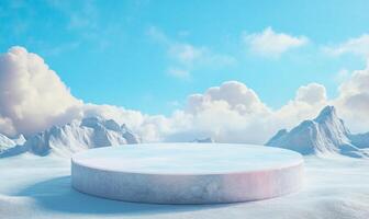 A serene snowy landscape with a circular platform under a blue sky. photo