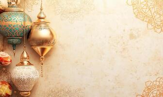 Decorative lanterns against a textured background for festive ambiance. photo