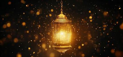 A glowing lantern surrounded by shimmering particles in a dark setting. photo