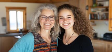 Two smiling women pose together in a cozy indoor setting. photo