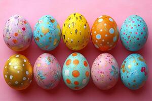 Easter eggs with polka dots on a pink background photo