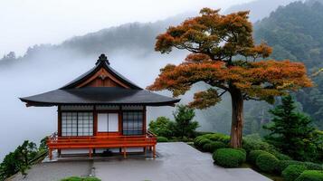 Serene Japanese Temple Pavilion in Autumn Mist Foggy Mountain Landscape photo