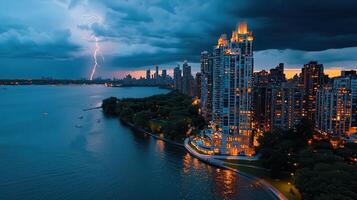 Dramatic Lightning Storm Over City Skyline at Dusk Waterfront View photo
