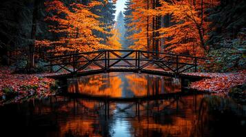 Scenic Autumn Bridge Reflecting in Calm Water Vibrant Fall Foliage Forest Path photo